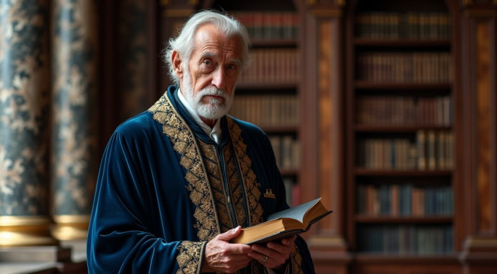 Homme royal âgé dans une bibliothèque ancienne et élégante