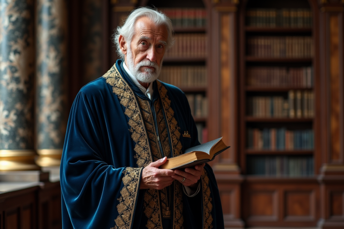 Homme royal âgé dans une bibliothèque ancienne et élégante
