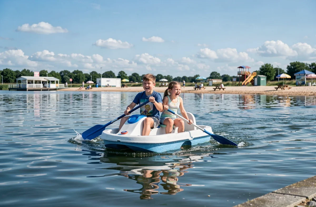 Enfants en pédalo sur le lac de l'Île de loisirs de Cergy-Pontoise par beau temps