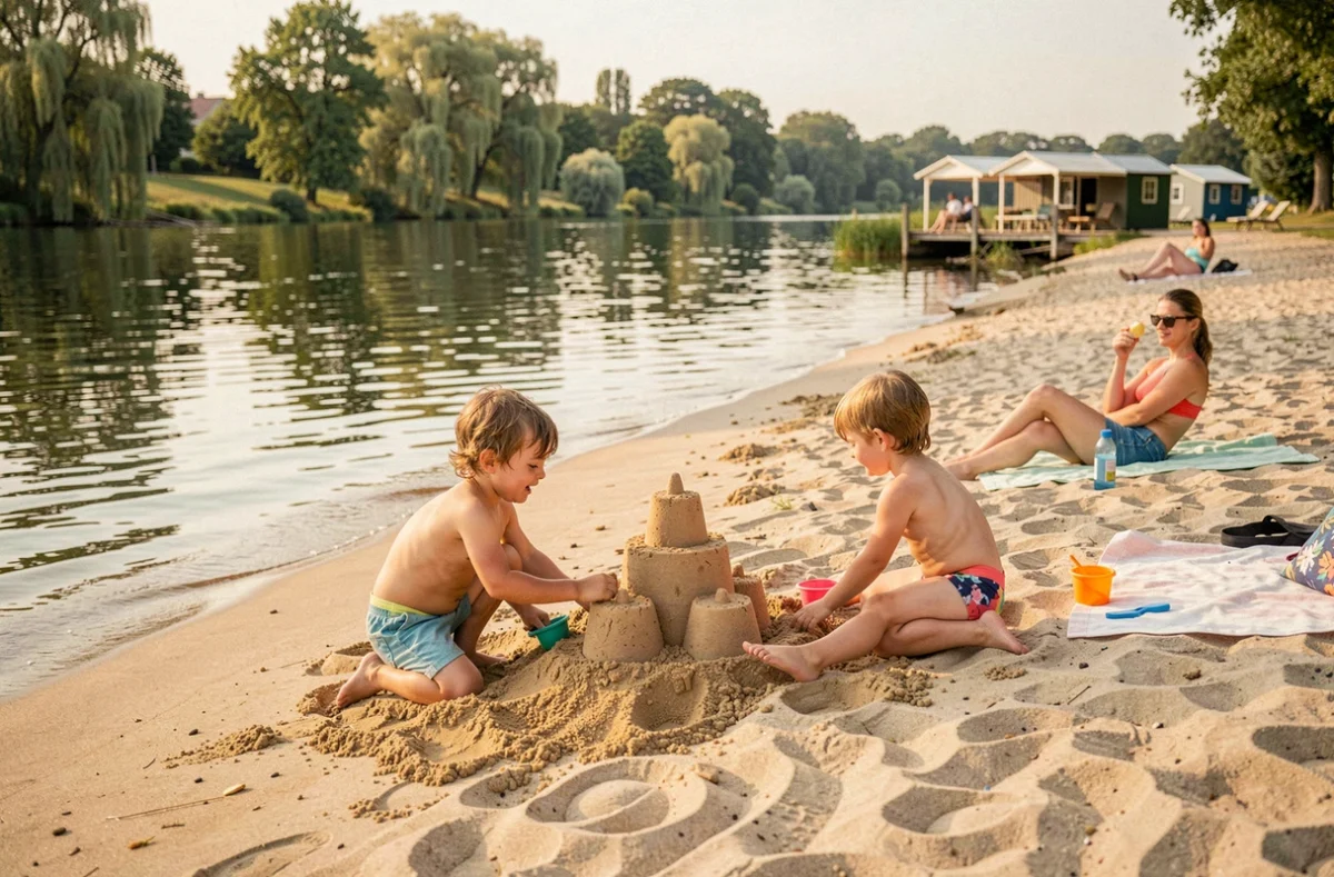 Famille avec enfants construisant un château de sable sur la plage de l'Île de loisirs de Jablines-Annet