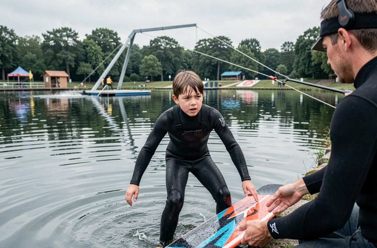 Jeune garçon en combinaison prêt à faire du wakeboard sur le lac de l'Île de loisirs de Saint-Quentin-en-Yvelines