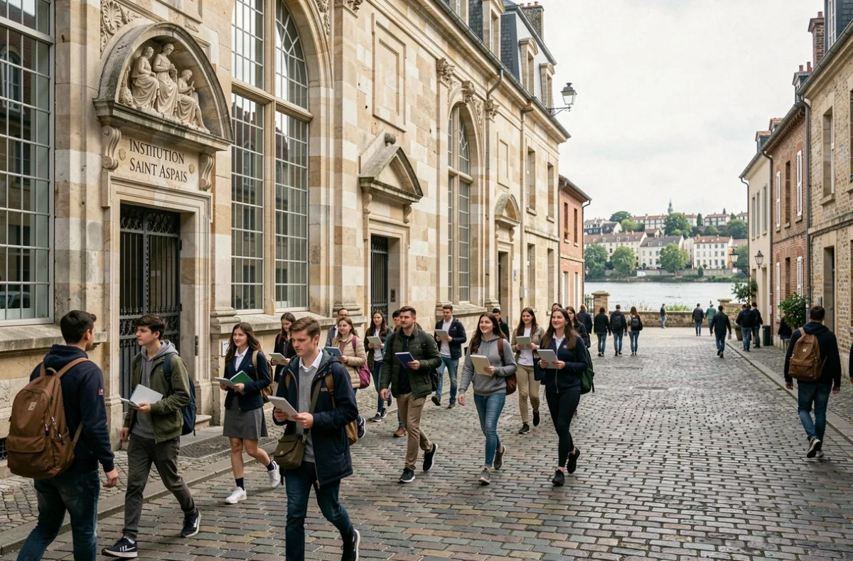 Cour intérieure en pavés de l'Institution Saint Aspais à Melun avec des élèves traversant l'espace sous une façade en pierre historique