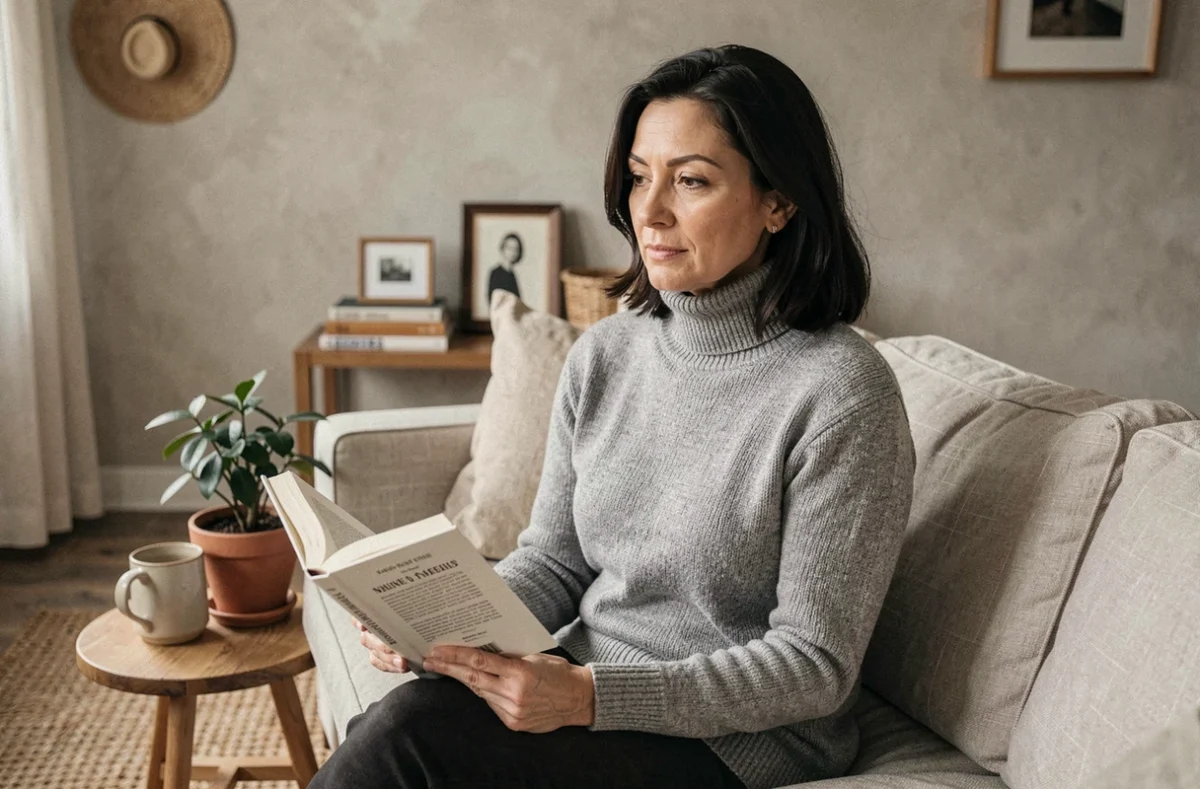 Femme journaliste dans son intérieur, préservant son intimité familiale dans un cadre domestique chaleureux