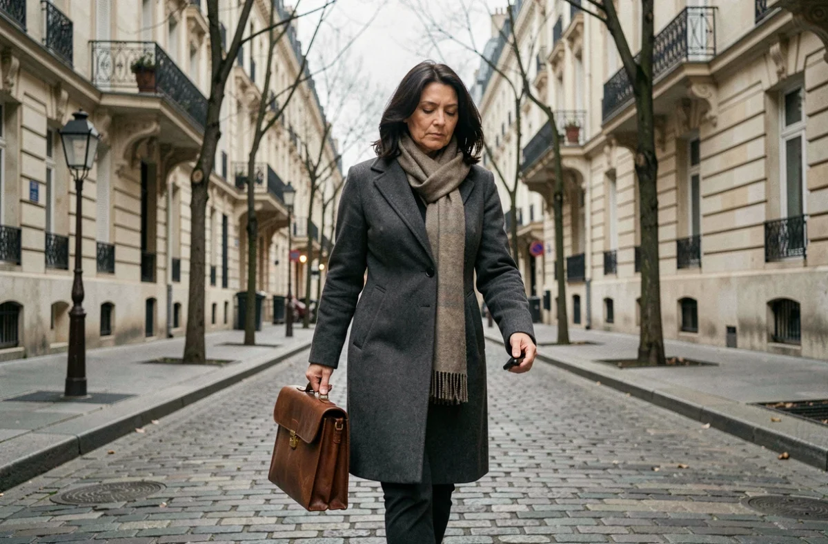 Journaliste française marchant dans les rues de Paris, protégeant son intimité dans sa vie quotidienne