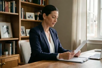 Femme journaliste professionnelle assise à son bureau à domicile, alliant carrière et vie privée avec discrétion