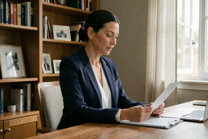 Femme journaliste professionnelle assise à son bureau à domicile, alliant carrière et vie privée avec discrétion