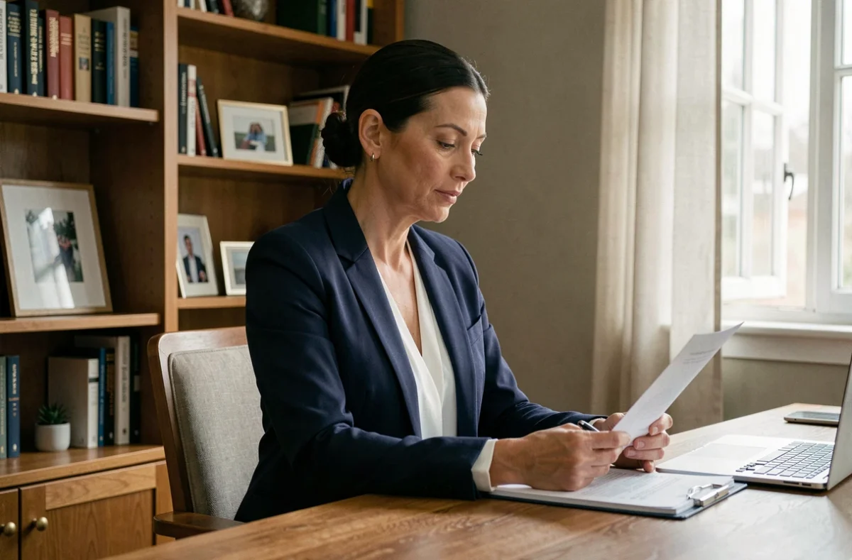 Femme journaliste professionnelle assise à son bureau à domicile, alliant carrière et vie privée avec discrétion