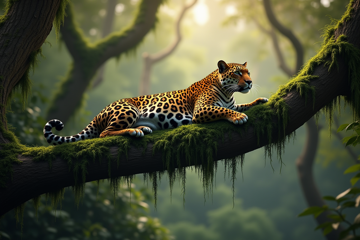 Jaguar allongé sur une branche haute dans la forêt