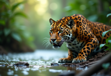 Jaguar près d'une rivière en forêt tropicale