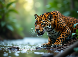 Jaguar près d'une rivière en forêt tropicale