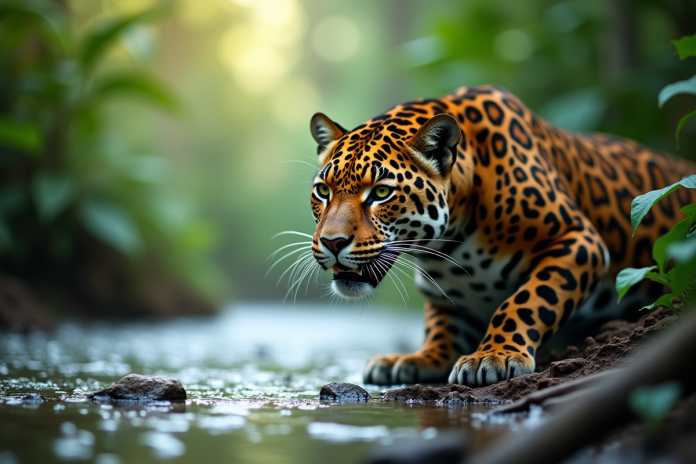 jaguar-rivire-fort Jaguar près d'une rivière en forêt tropicale