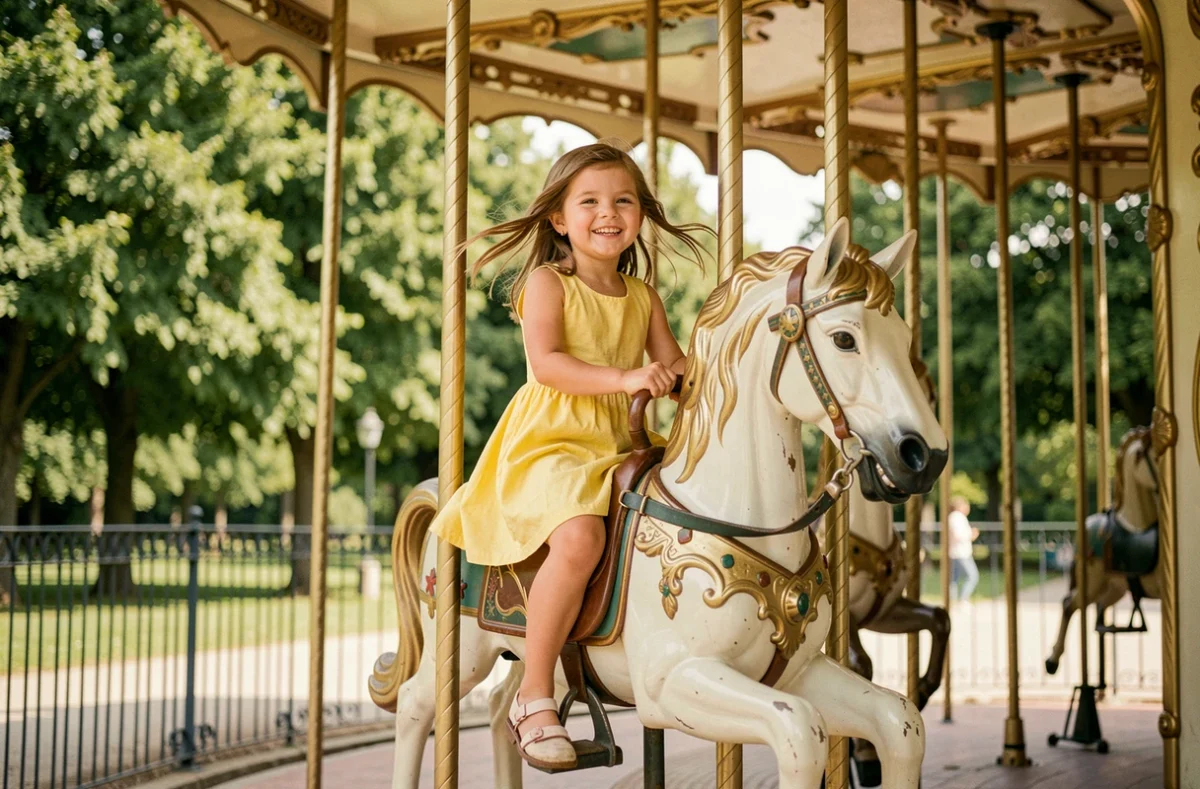 Jeune fille souriante sur un cheval de carrousel au Jardin d'Acclimatation dans le Bois de Boulogne