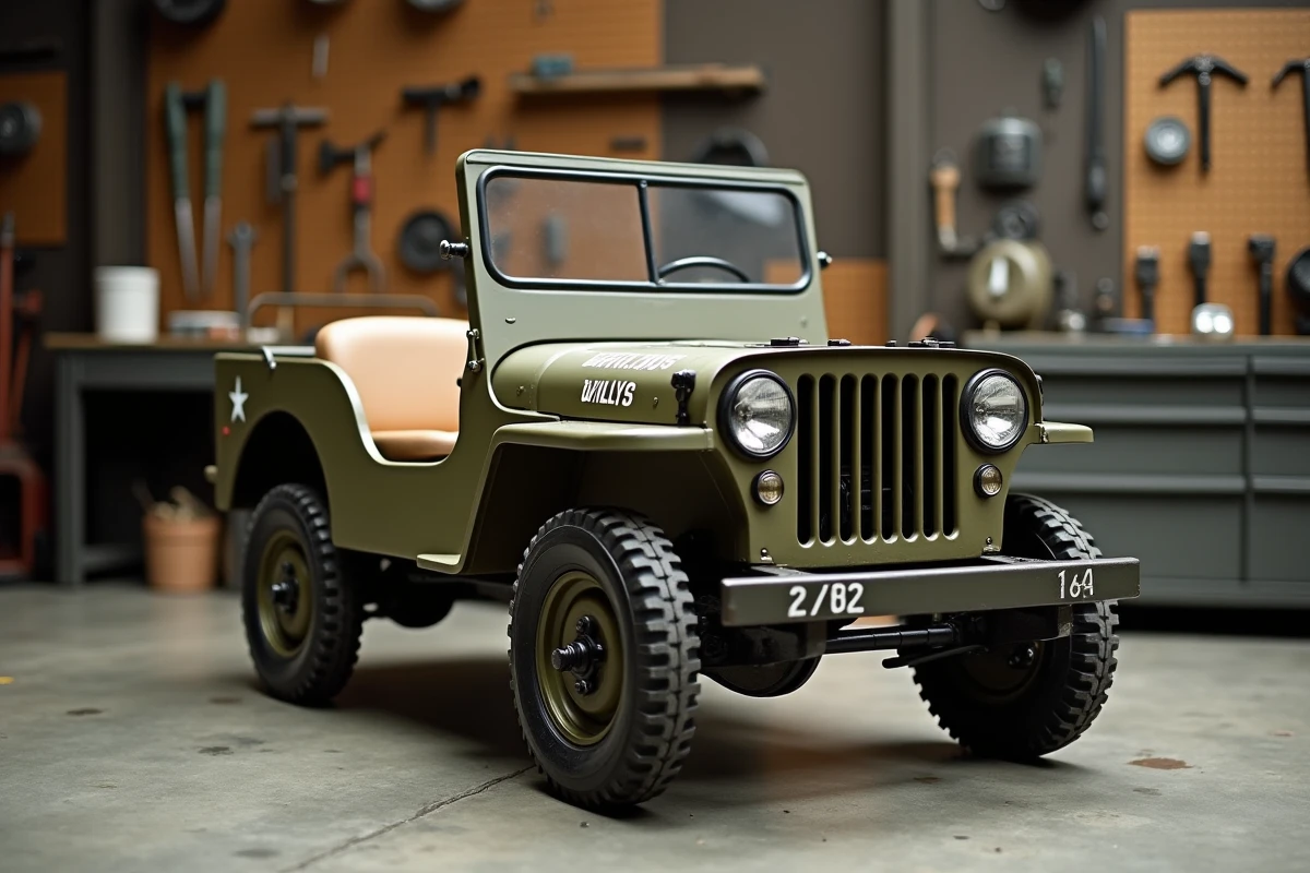 Jeep Willys réplique taille enfant photographiée en atelier garage, détails des phares ronds, siège toile beige et décalcomanies militaires sur fond de sol en béton