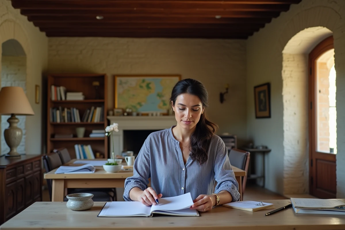Femme brune travaillant dans un intérieur de maison en pierre corse avec poutres en bois et ambiance authentique