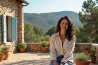 Femme assise sur la terrasse d'une maison en pierre typique de Corse entourée de végétation méditerranéenne