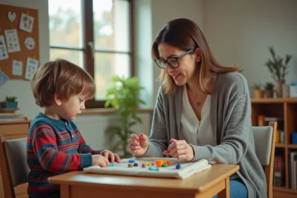 Orthophoniste et enfant jouant au jeu Kim avec des objets miniatures sur une table en bois en cabinet de rééducation