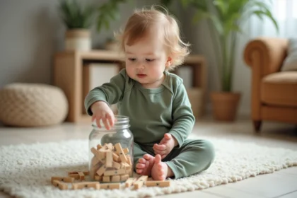 Bébé de 12 mois qui joue à insérer des pinces à linge en bois dans un bocal en verre, jeu Montessori fait maison sur un parquet en bois
