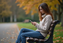 Jeune femme assise sur un banc en automne contemplant son téléphone