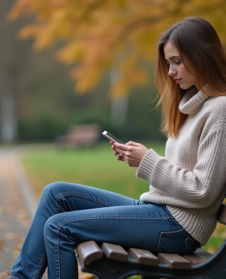 Jeune femme assise sur un banc en automne contemplant son téléphone