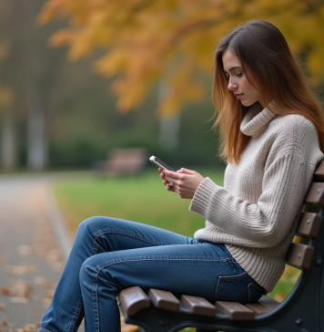 Couper les ponts avec ses parents : quand et pourquoi rompre les liens familiaux ? Jeune femme assise sur un banc en automne contemplant son téléphone