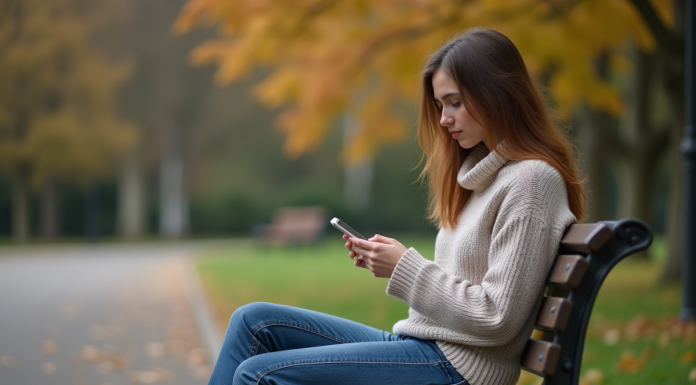 Jeune femme assise sur un banc en automne contemplant son téléphone