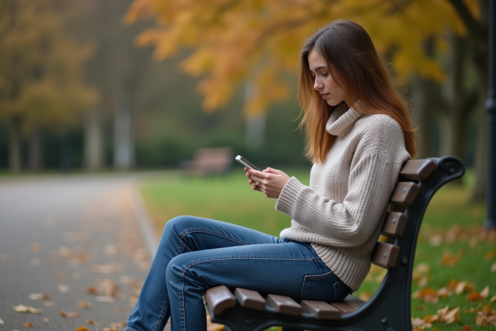 Jeune femme assise sur un banc en automne contemplant son téléphone