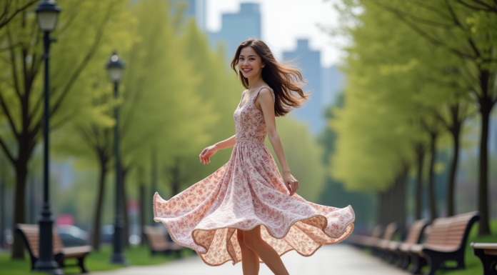 Jeune femme dansant dans un parc urbain au printemps