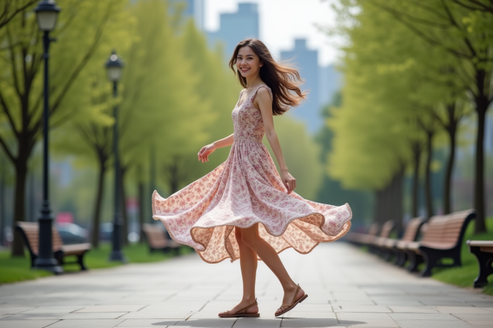 Jeune femme dansant dans un parc urbain au printemps