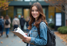 Inscriptions 2025-2026 : dates et calendrier, infos pratiques Jeune femme en denim devant universite avec documents