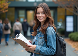 Inscriptions 2025-2026 : dates et calendrier, infos pratiques Jeune femme en denim devant universite avec documents