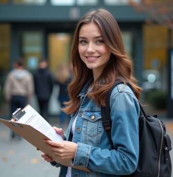 Inscriptions 2025-2026 : dates et calendrier, infos pratiques Jeune femme en denim devant universite avec documents