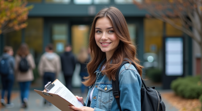 Jeune femme en denim devant universite avec documents