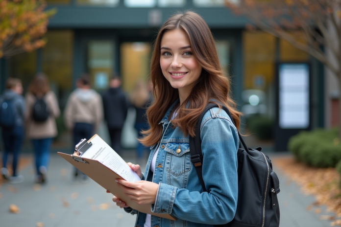 jeune-femme-entrance-universitaire Jeune femme en denim devant universite avec documents
