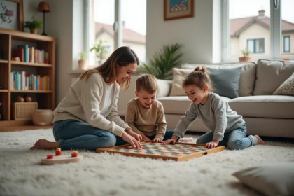 Jeune femme jouant avec deux enfants dans un salon chaleureux