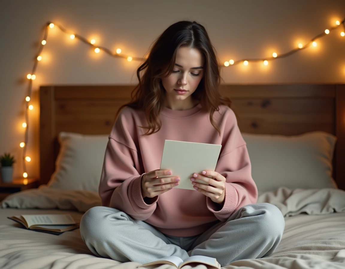 Jeune femme de 18 ans lisant une lettre d'amour émouvante dans sa chambre cosy