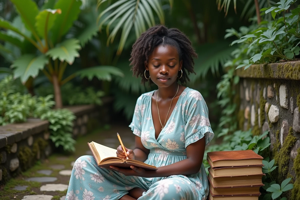 Jeune femme martiniquaise notant des prénoms créoles oubliés dans un carnet au milieu d'un jardin tropical