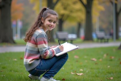 Jeune fille en jeans et pull rayé dessine dans un parc urbain