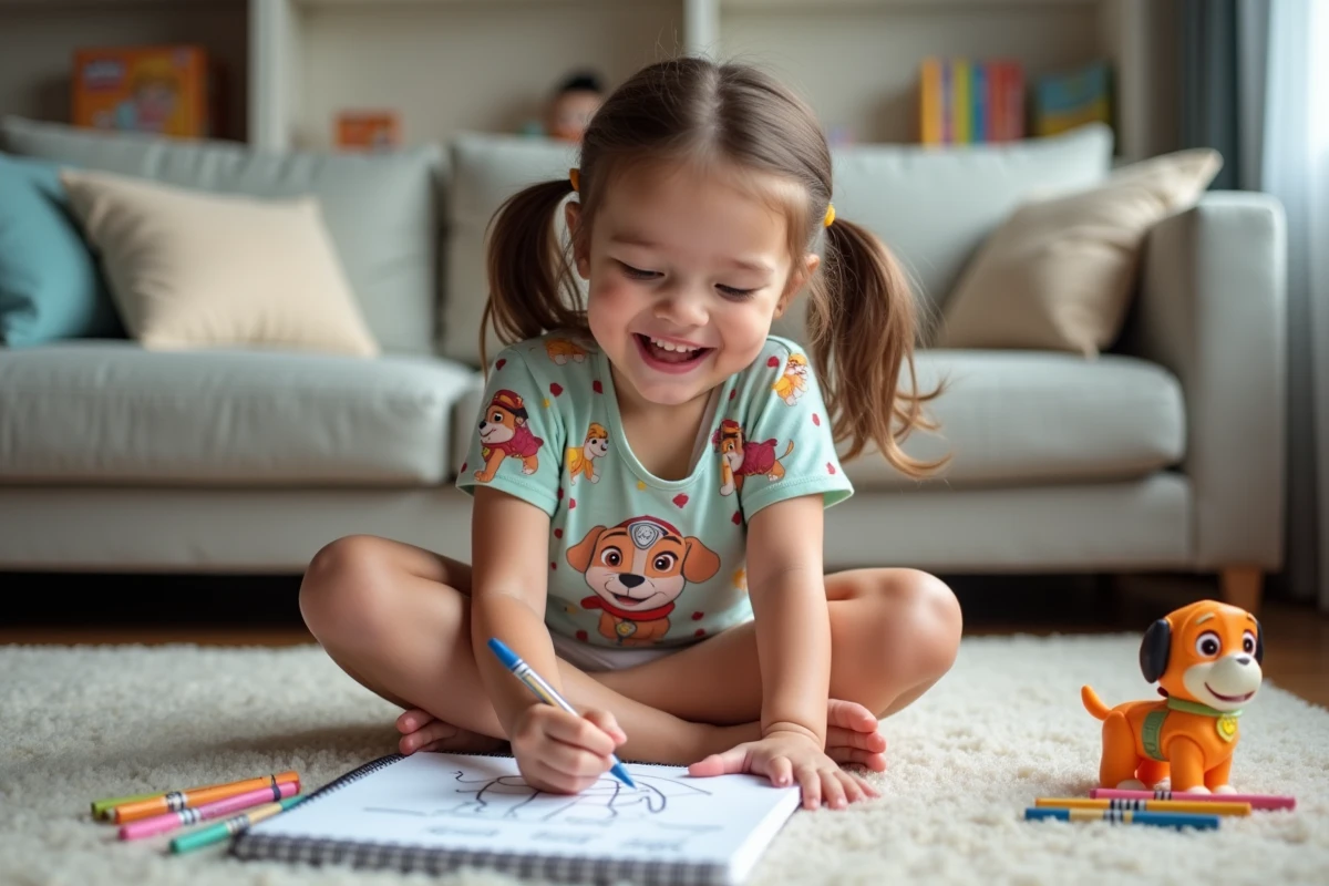 Jeune fille de 7 ans dessinant un chiot Paw Patrol