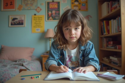 Jeune fille de 13 ans journalisant dans sa chambre