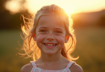 Jeune fille souriante en plein air lors de l'heure dorée