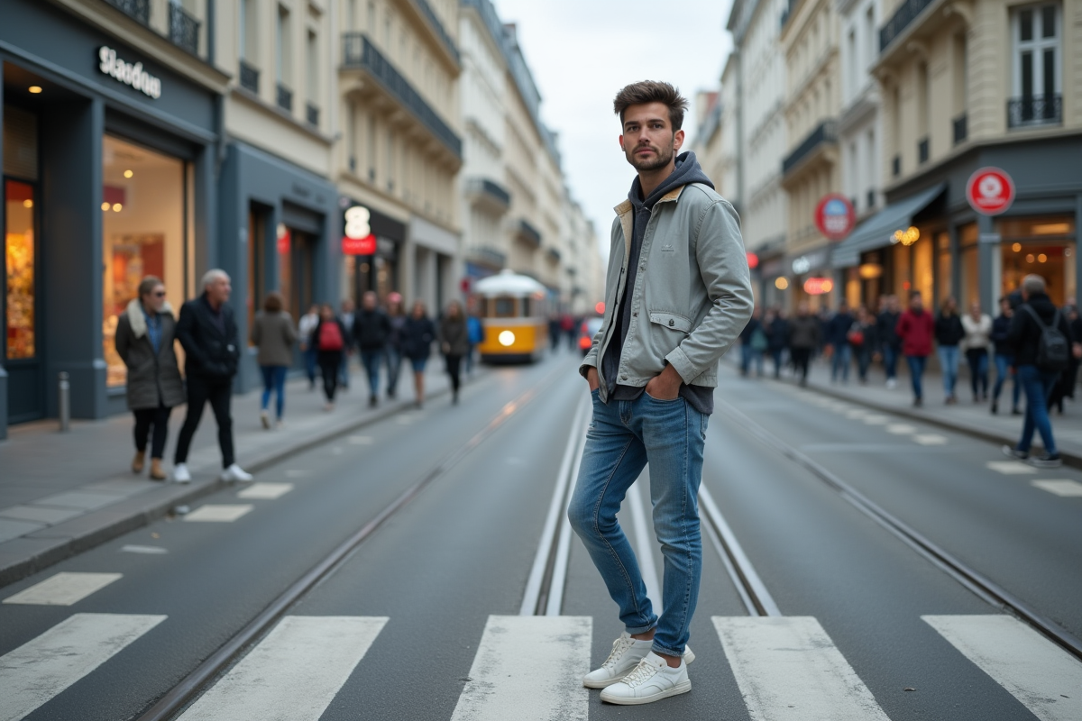Jeune homme en jean attend au passage piéton