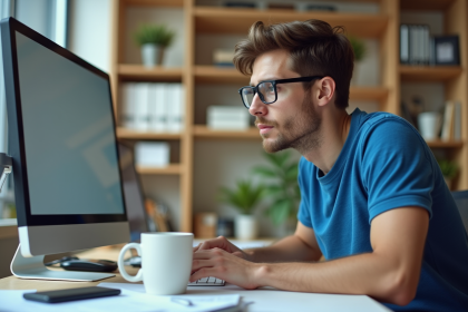 Jeune homme au bureau regardant son écran d'ordinateur