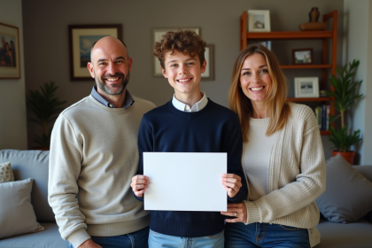 Adolescent souriant avec certificat entre ses parents