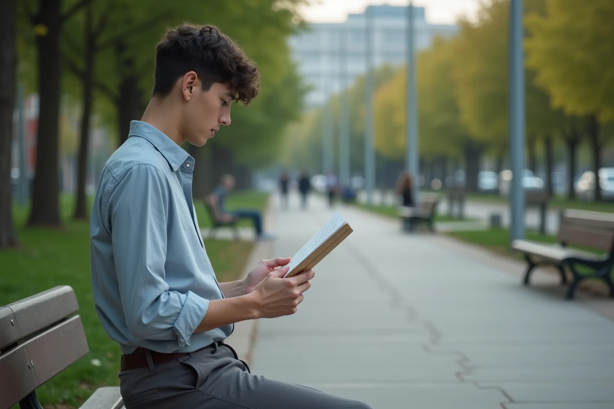 Jeune homme lisant une lettre dans un parc urbain