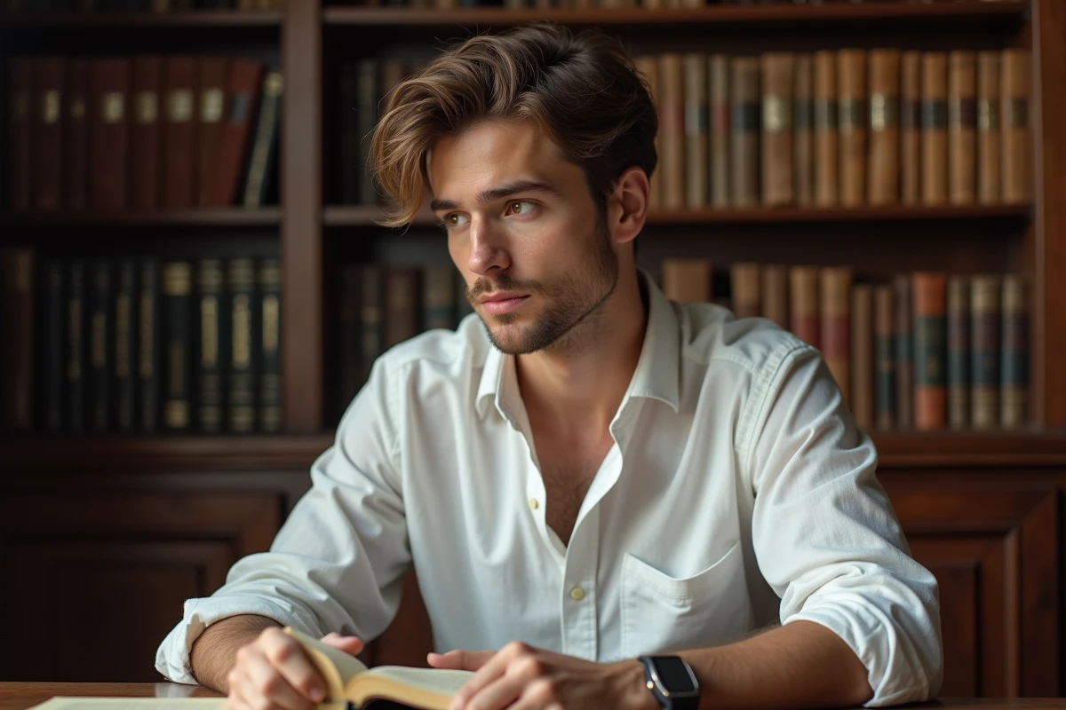 Jeune homme pensif lisant un livre ancien dans un bureau