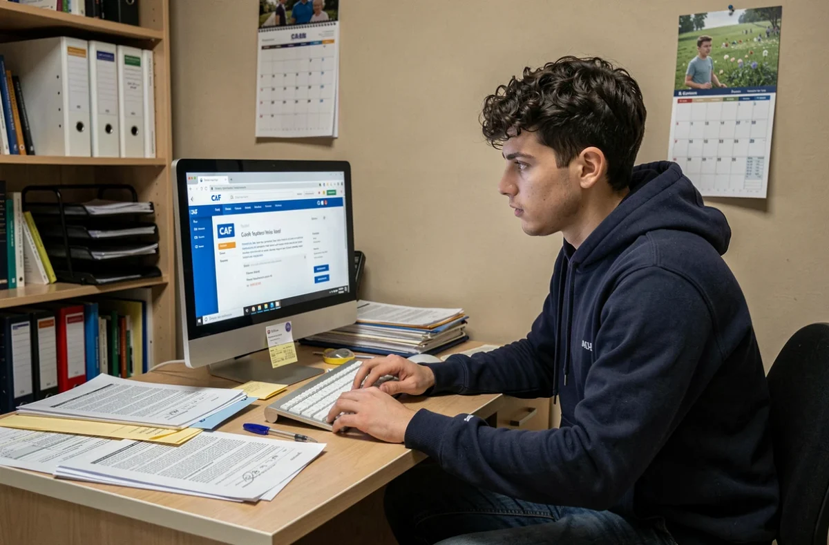 Jeune homme consultant le site de la CAF sur ordinateur avec des documents administratifs sur son bureau à domicile