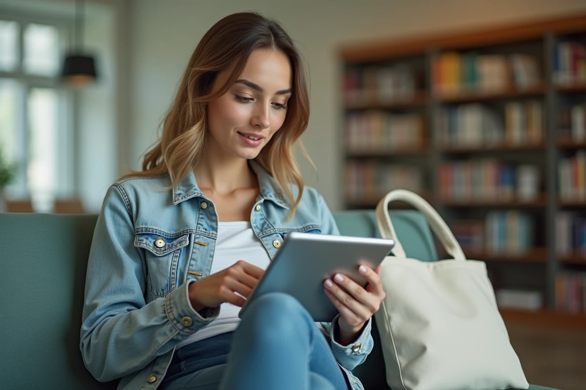 Jeune mère seule utilisant une tablette dans une bibliothèque pour effectuer une simulation de ses allocations et congés parental CAF