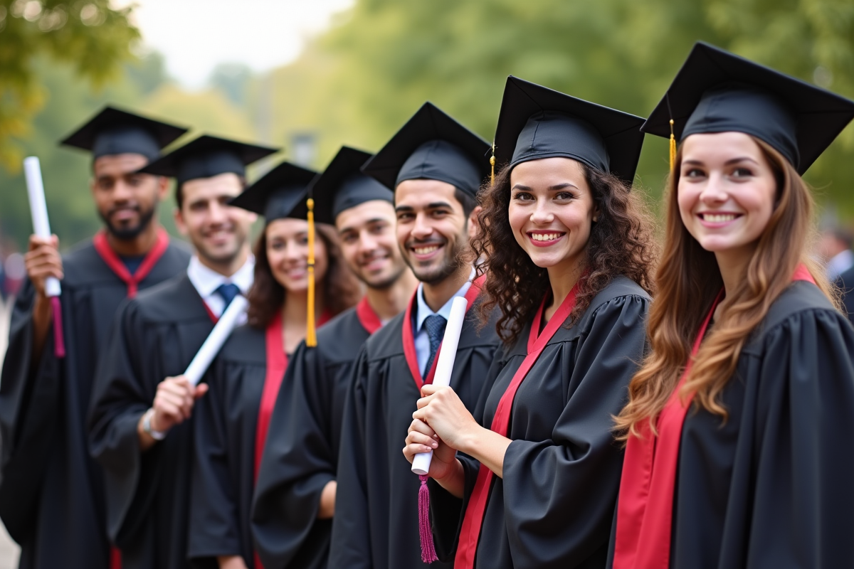 Jeunes diplômés souriants avec famille sur campus