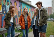Jeunes discutant devant un mural culturel en ville