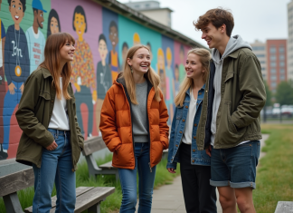 Importance de la culture pour la jeunesse : influence et enjeux sociétaux Jeunes discutant devant un mural culturel en ville